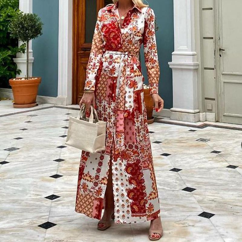 Spring and Autumn Women Dress Fashion Printed Bohemian Long Shirt Dresses
