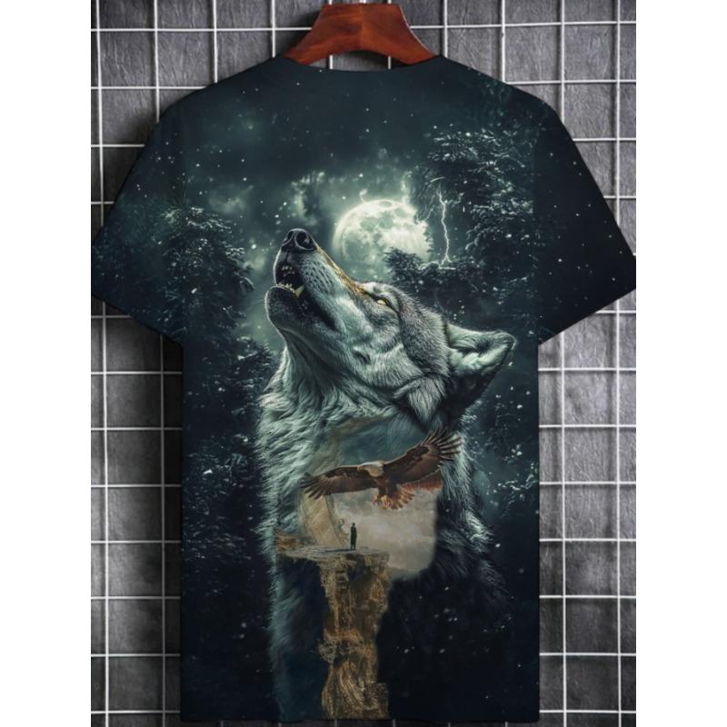 Men's Howling Wolf 3D Printed T-Shirt Full Moon Night Forest Graphic Tee Cool Flying Eagle Landscape Short Sleeve Casual Top Streetwear Men Clothing