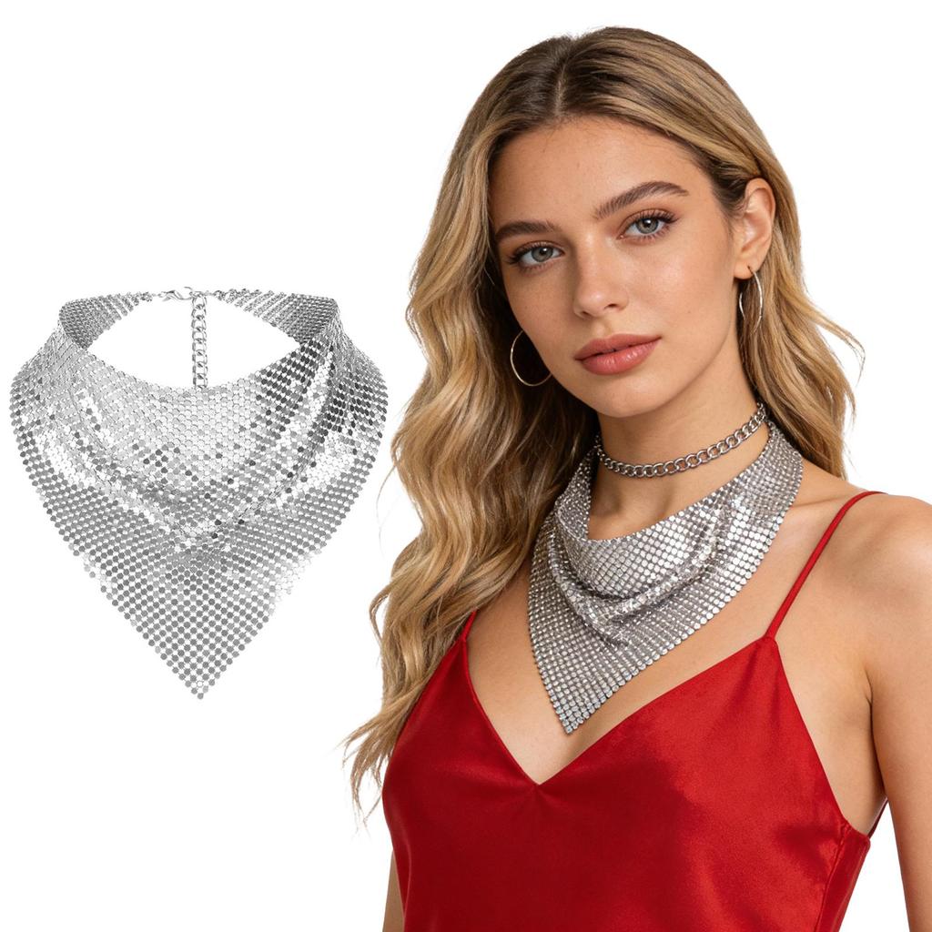 Sparkle Metallic Triangle Scarf, Adjustable Sequin Neck Bandana for Party