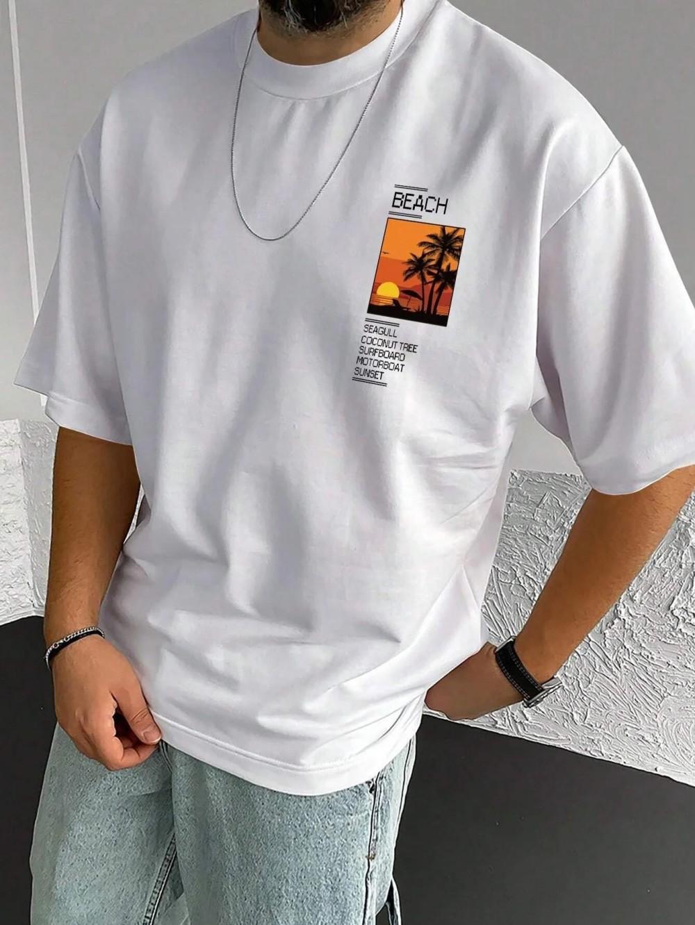 Mens polyester fabric summer loose coconut treeSloan pattern printed slim fit casual sports round neck short sleeved Tshirt t S