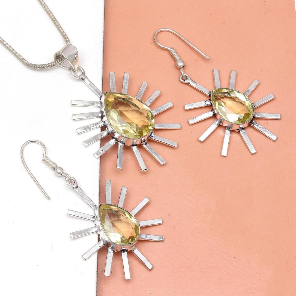 Lemon Topaz Gemstone Mother's Day Jewelry Pendant Earring Set