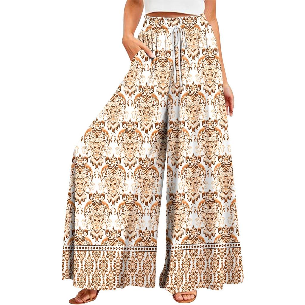 Women's Summer Wide Leg Pants High Waisted Flowing Pockets Fashion Casual Casual Bohemian Printed Beach Pants