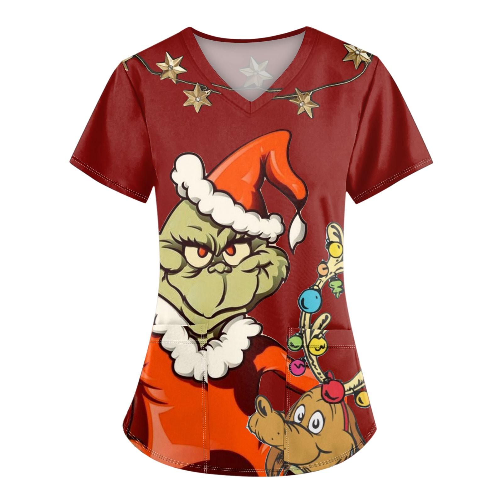 

Женские модные топы с короткими рукавами и V-образным вырезом с принтом, рабочие футболки с карманами L