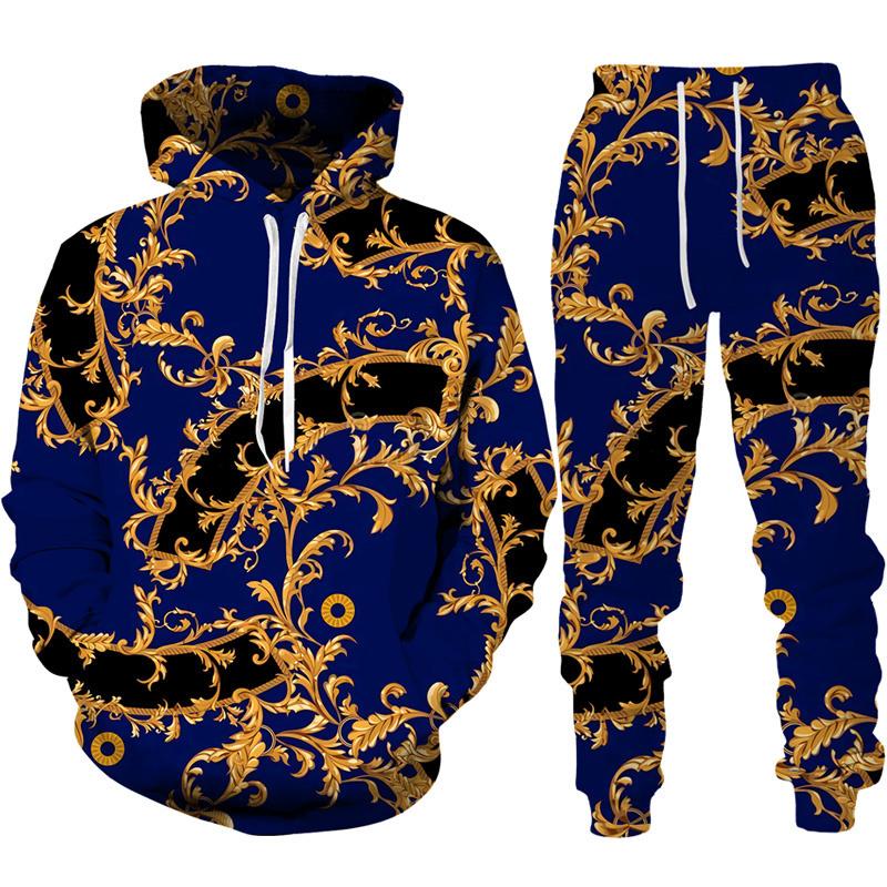

Чоловіча толстовка/костюм у стилі бароко, розкішна золота квітка, світшот і брюки з 3D-друком, модний вуличний одяг унісекс 6XL