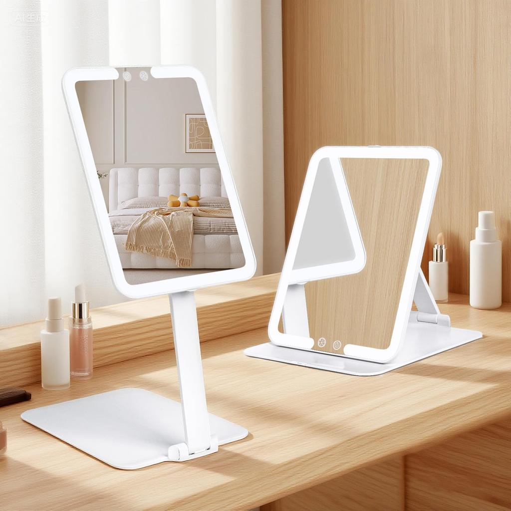 MILPROX Folding LED Makeup Actress Tabletop Mirror with Memory Automatic USB Adjustable Color and Travel Portable Mirror, Mirror, Light, Foldable,