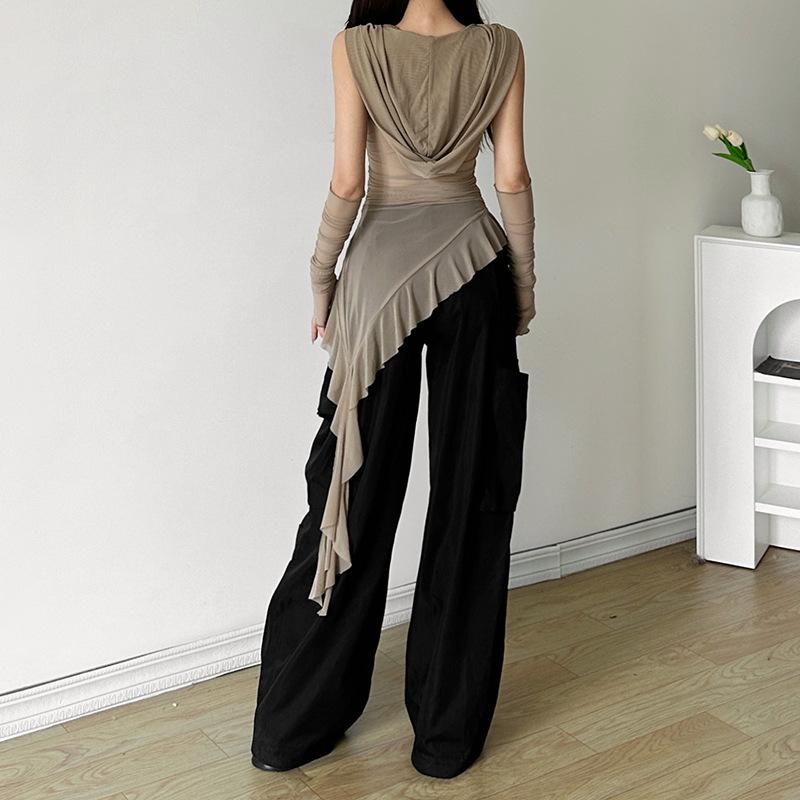 Neues, einfarbiges, schmal geschnittenes Street-Fashion-Oberteil mit Kapuze und ärmellosem Netzstoff für Damen