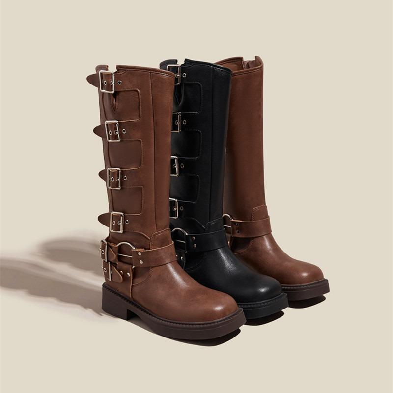 Belt Buckle Thick Heel Knight Boots Women's Autumn and Winter Retro But Knee Boots Western Cowboy Boots Brown Fashion Boots