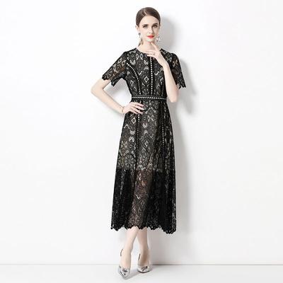 Fashion Runway Summer Short Sleeve Lace Dress Women O-Neck Water Soluble Lace Embroidery Hollow Out Black Dresses