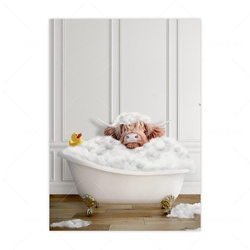 Funny And Cute Animal Canvas Prints Bathroom Wall Art Posters Highland Cow Giraffe Lion Take Shower Pictures For Washroom Decor