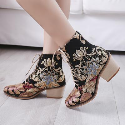 Large Size Embroidered Lace-Up Martin Boots Women's Autumn and Winter Embroidered High Heel Boots