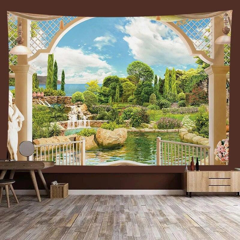 Window Sill Garden Beach View Large Tapestry Wall Hanging Bohemian Hippie Tapestry Room Aesthetic Living Room Home Decoration