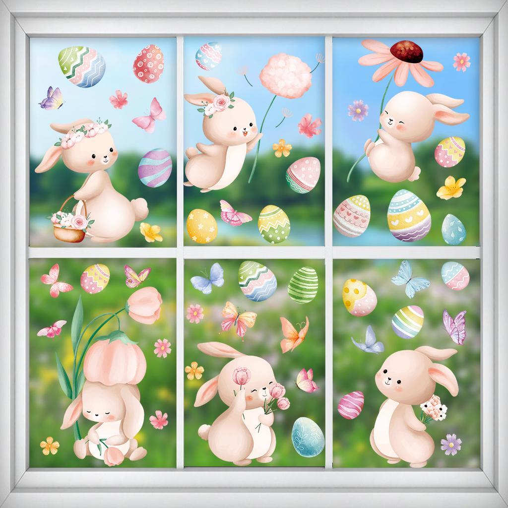 New 2026 Easter Bunny Egg Static Cling Window Stickers Decorative Window Decals for Glass Home Easter Decor Wall Clings Shop Window Glass