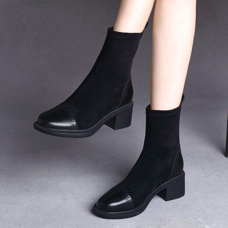 Elastic boots women's 2025 autumn and winter new Korean version versatile outer wear non-slip medium heel thick heel fashion thin boots