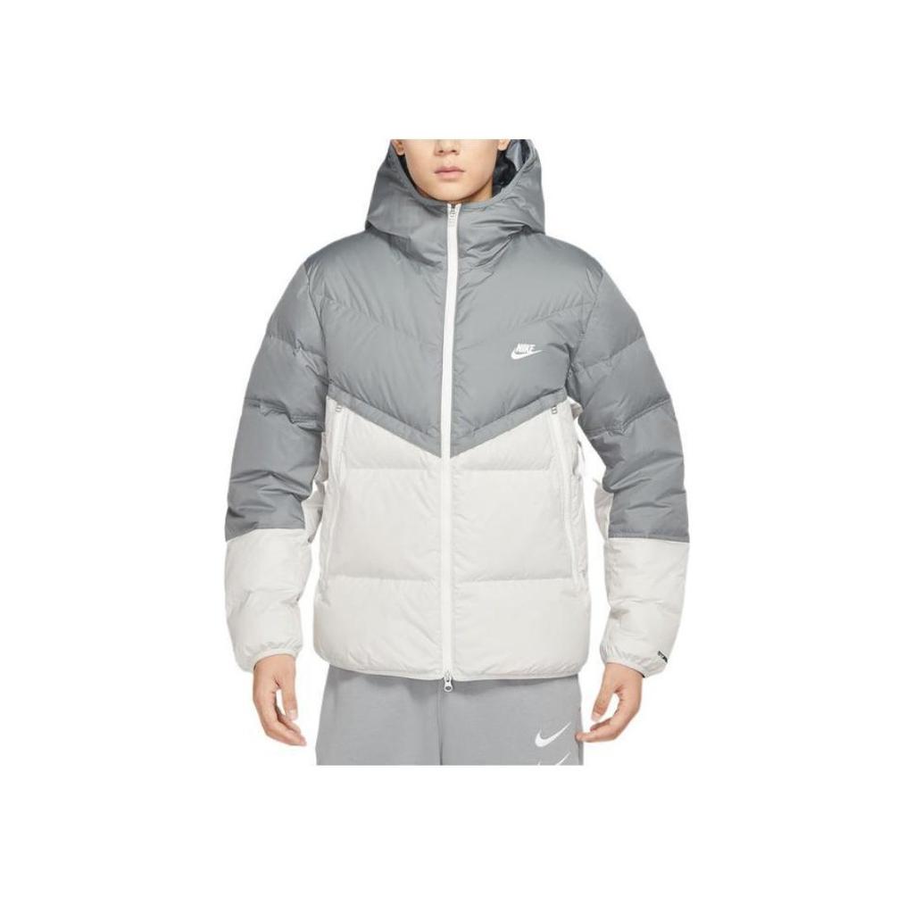 Nike Printed Logo Patchwork Hooded Down Jacket Men Outerwear Gray DV1132-084