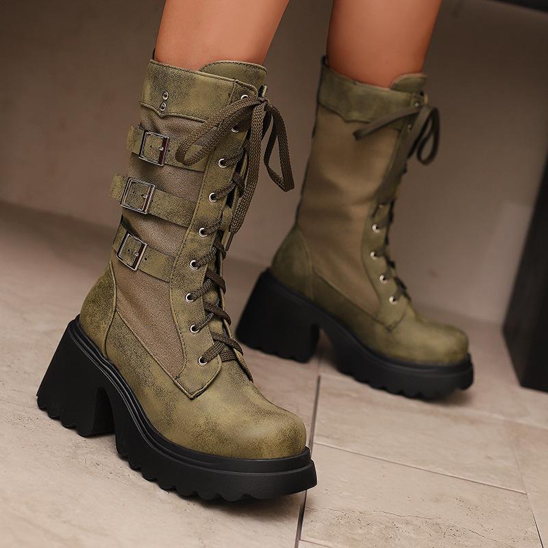 Hebilla de Cinturón de Metal Tubo Mediano Botas de Moda Suela Gruesa Muffin Botas Casuales Botas Martin Talla Grande 40-45 Botas