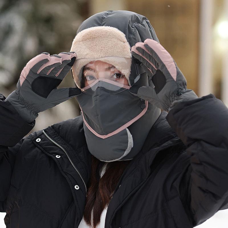 Multifunctional thickened warm child women's winter gloves scarf mask integrated hat outdoor riding electric car