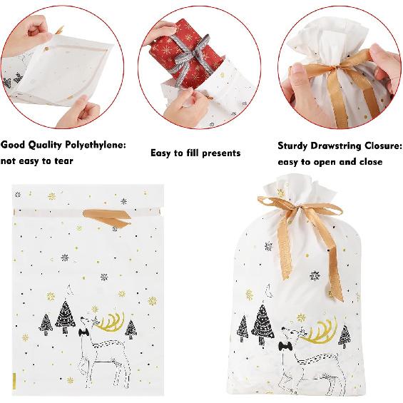 Bomvabe 20 Drawstring Gift Bags for Christmas Presents, Food Grade Christmas Treat Bags for Candies Cookies, Christmas Wrapping Bags Assorted Sizes