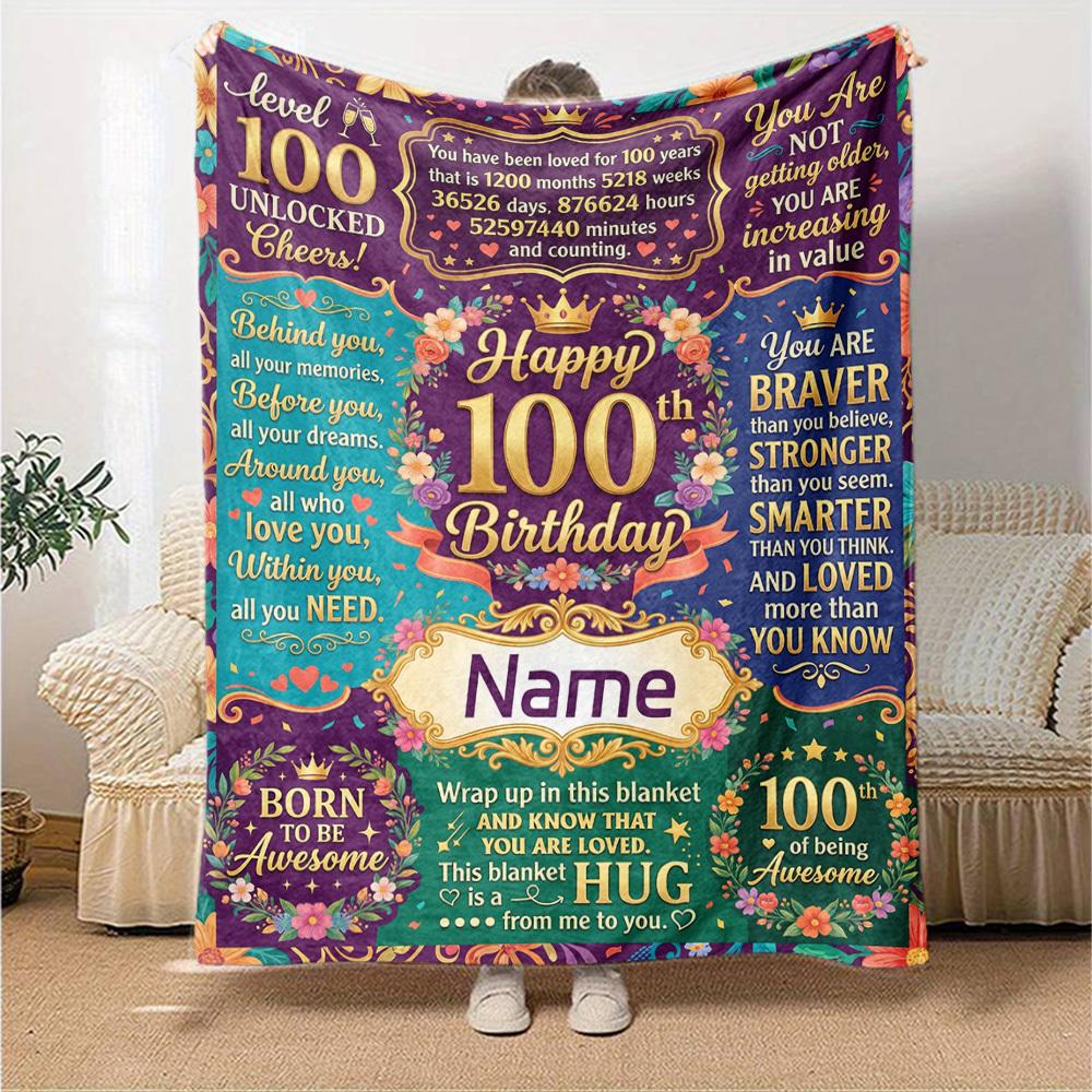 100Th Birthday Celebration Personalized Name Blankets Throws Suitable For Outdoor Use Camping Picnics Travel Sofas Pets Offices And Birthday Giftsd14