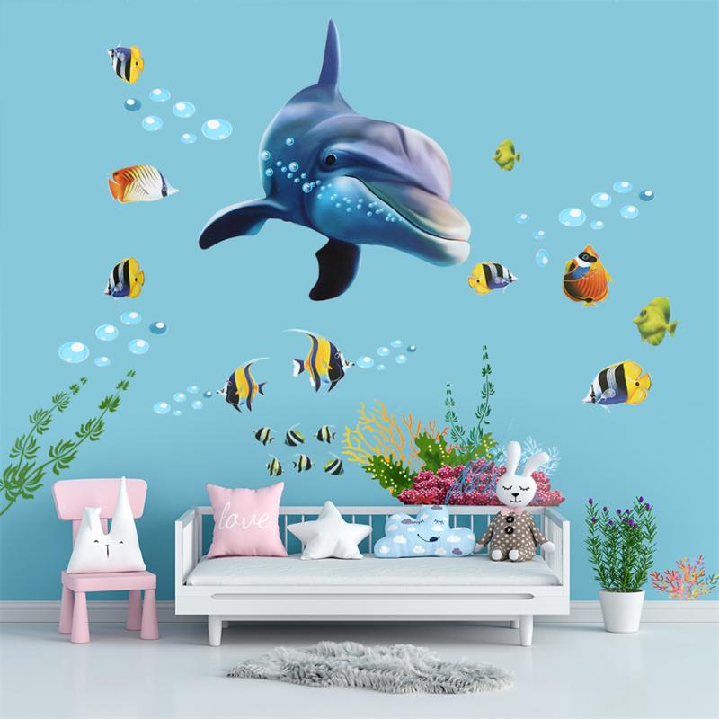 Wall Sticker Dolphin Fish Shape Creative Cartoon Animals Decals Pvc Mural Art For Kids Rooms