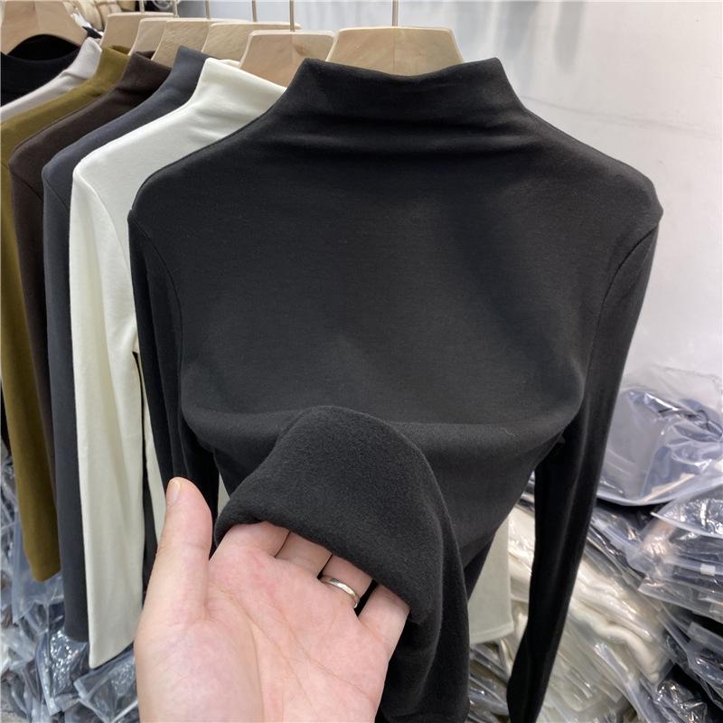 Autumn Half High Collar Slim Fit Plush Base Casual T-shirt Women Winter Long Sleeve Solid Velvet Women's T Shirt Elegant Retro Warm Lady Tee Top 25573