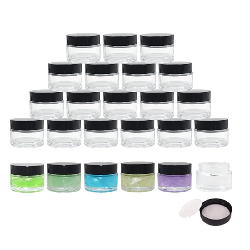 24 Pack 1 Oz Round Clear Glass Cosmetic Jars with Inner Liners and Black Lids, Travel Glass Jars, Cosmetic Containers for Lip Balms, Powders, Makeup,