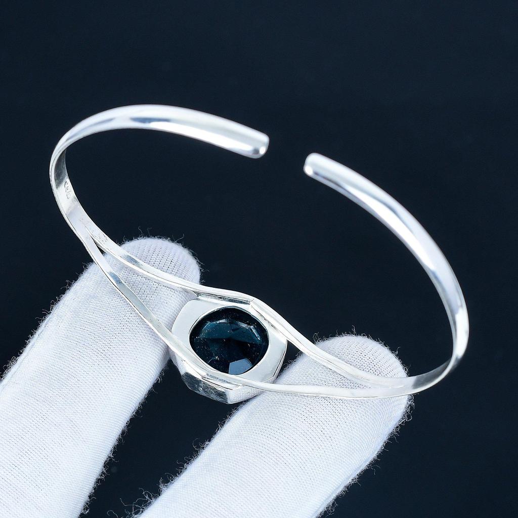 Indicolite Hexagon Gemstone Handmade Cuff Bangle 925 Sterling Silver Cuff Bangle, Indicolite Bracelet For Wife, Unisex Bangle For Gift