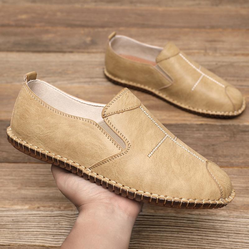 Fashion Summer Men's Handstitched Soft Leather Moccasins Slip-On Business Casual Shoes Flexible Rubber Sole Lightweight Comfort Footwear