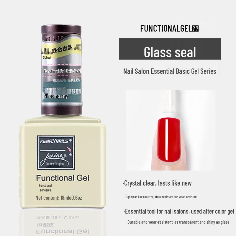 Rainie Nail Gel Builder: Strengthening Base & Tempered Top Coat with Matte Glass Sealer & Nail Tip Adhesive.