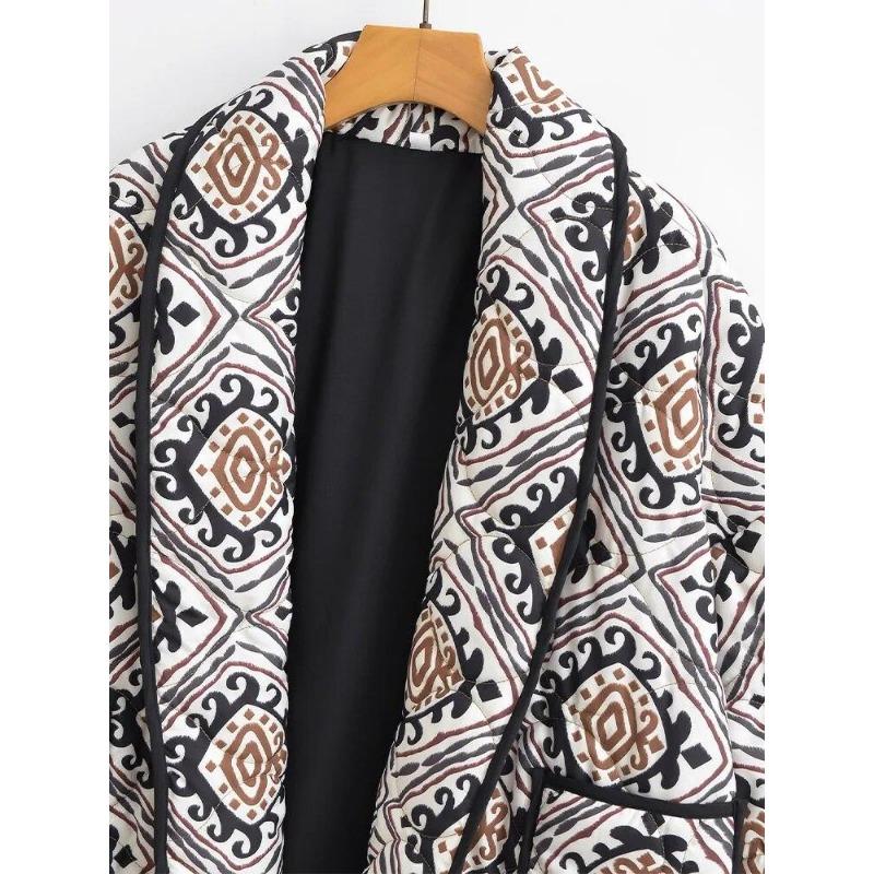 Lapel Printed Short Jacket Women Long Sleeve Warm Pocket Cardigan Coat Thick Autumn Winter Female Street Outwear