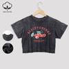 Beauty Cherry Art Letter Prints Cotton Crop Tops Trend Summer Lace Hem Washed T-Shirts Regular Fit O-Neck Tees Casual Clothes