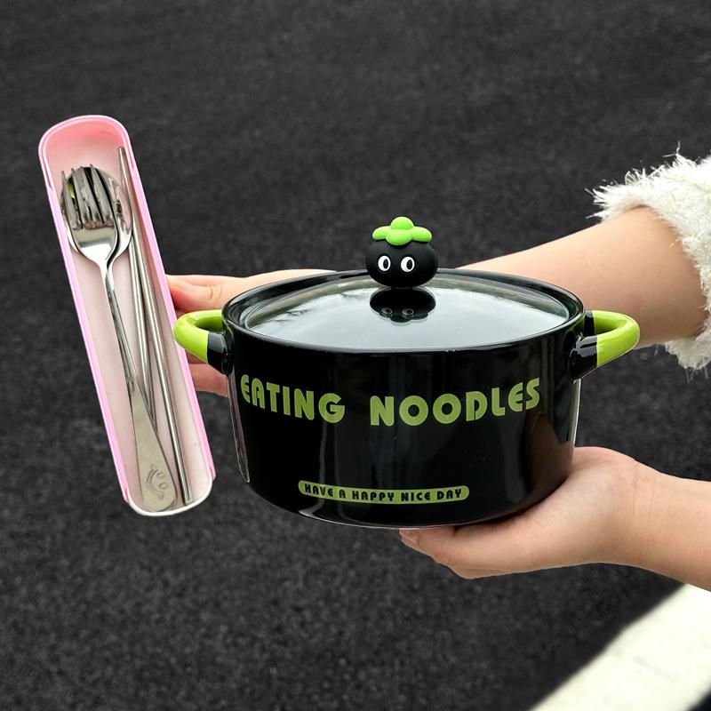 High-value Cartoon Instant Noodle Bowl with Lid, Snail Powder Bowl for Students In Dormitory, Special Bowl for Household Ceramic Instant Noodles