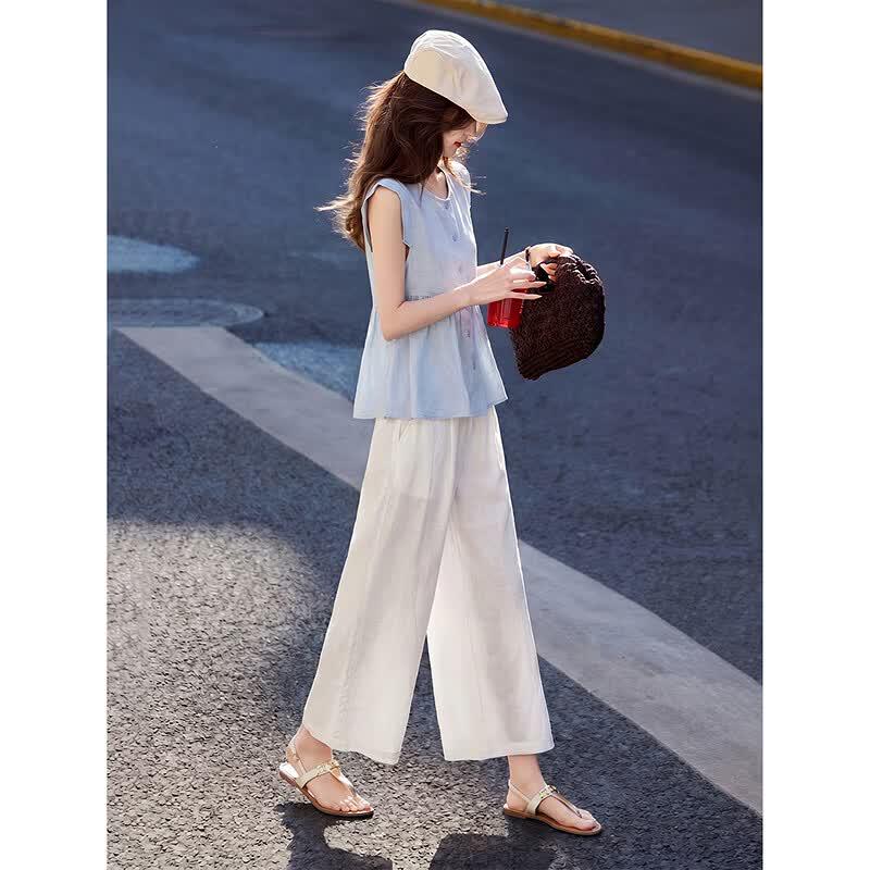 Women's Lyocell Linen Sleeveless Shirt & Cropped Pants Set