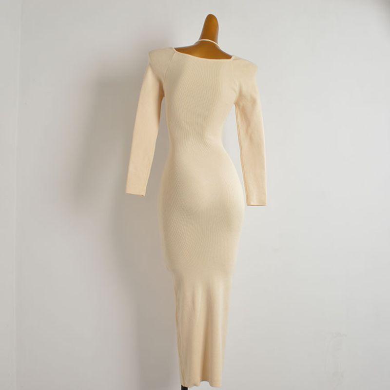 Fashion Style Sexy Low Cut Halterneck Knitting Dress Women's Tight Waist Thin over the Knee off-Shoulder Spaghetti Straps Long Skirt