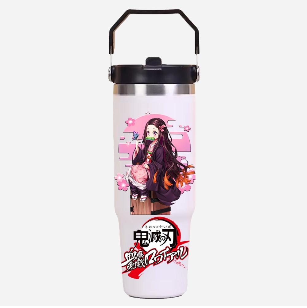 30oz Anime Demon Slayer Printed Simple Solid Color Stainless Steel Thermos Water Cup Thermal Insulation Cold Ice Cup Kid Gift