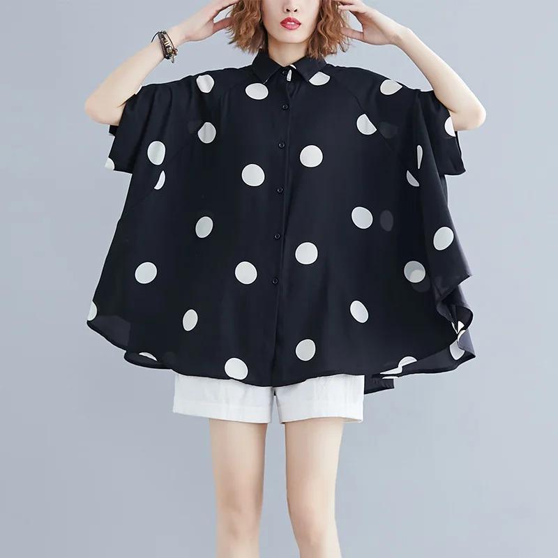 Black Vintage Polka Dot Print Blouse Women Lapel Short Sleeve Loose Casual Shirt Fashion Summer Clothes