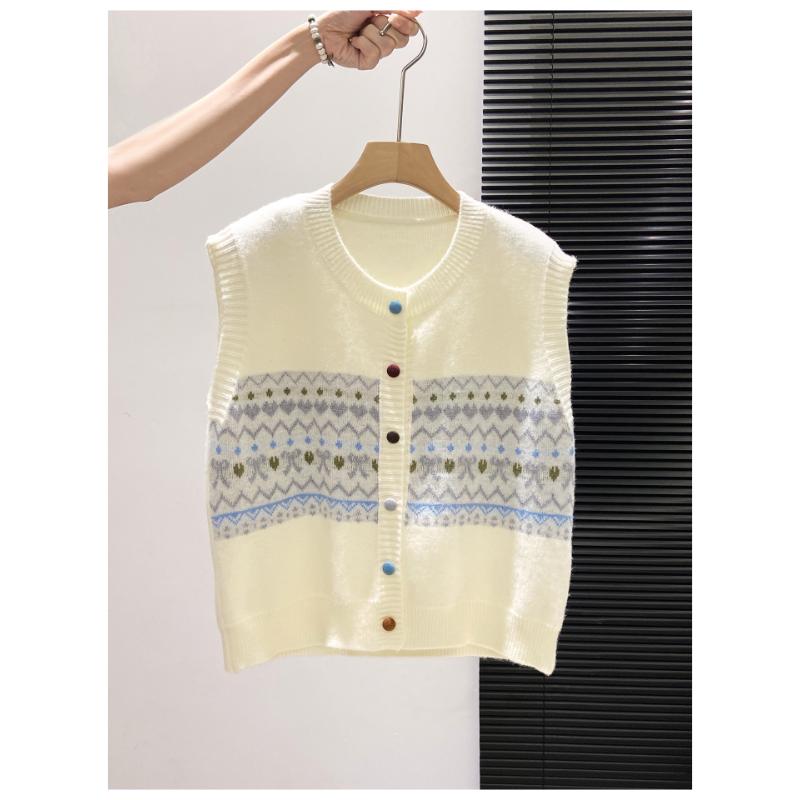 Retro Jacquard Layering Sleeveless Vest Knit Waistcoat For Women Autumn Winter New Style Color Block Single Breasted Top Cardig