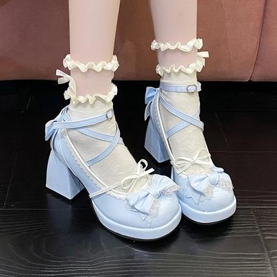 Scarpe da Donna Piattaforma Lolita Scarpe Mary Jane con Fiocco Festa Tacchi Alti Tendenza Kawaii Scarpe in Pelle Pizzo Chunky Sandalias De Muje