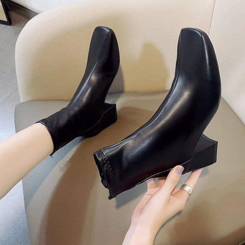 Women's Boots, Winter Square Head Back Zip Short Boots, Women's Chunky Heel Middle Heel Boots Women