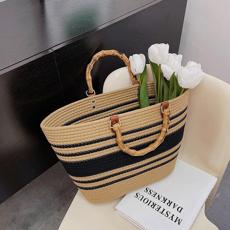 Temperament Popular Woven Women's Bags New Fashion Bags Splicing Shoulder Large Capacity Bamboo Handbag