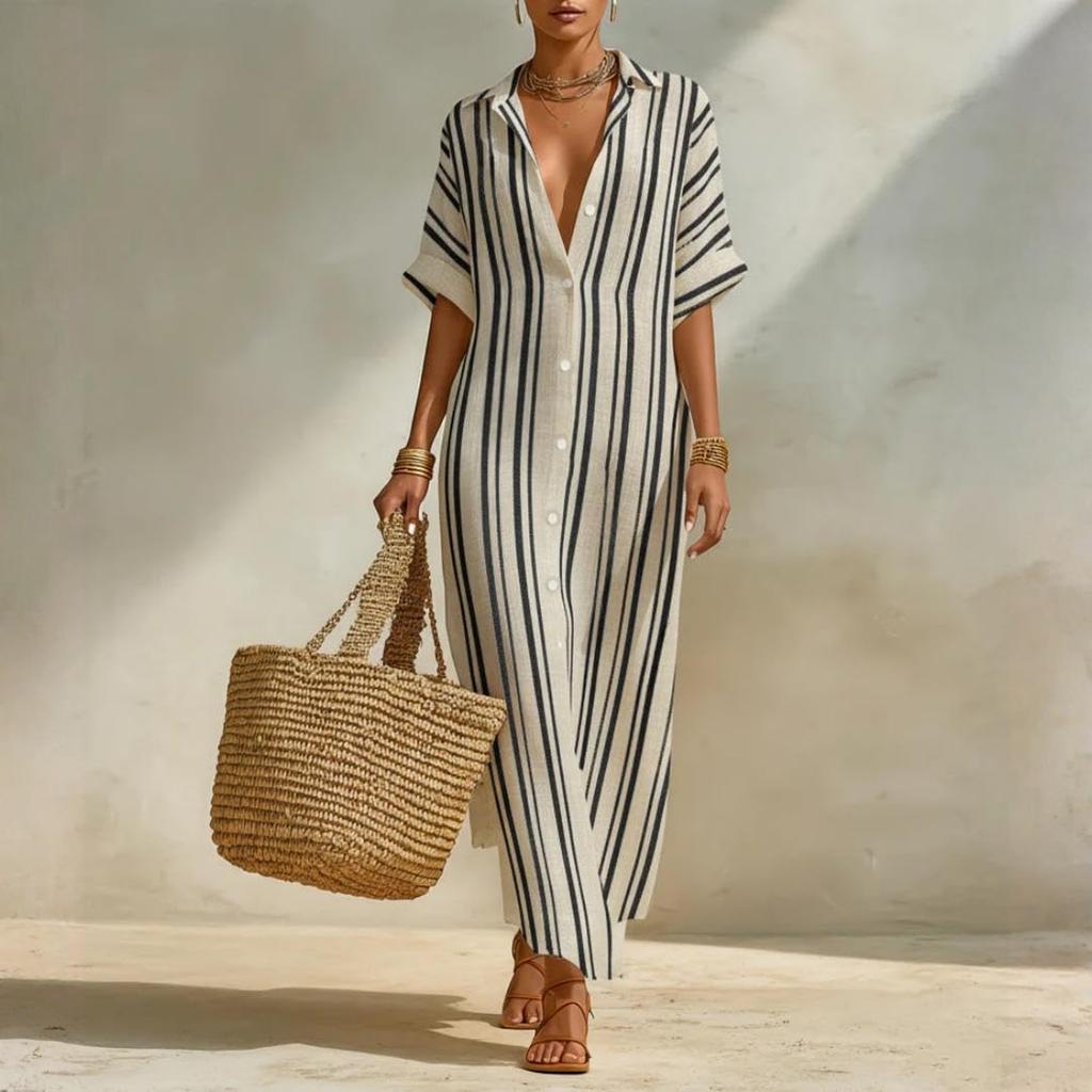 Ladies' Casual And Fashionable Loose Striped Shirt Dress