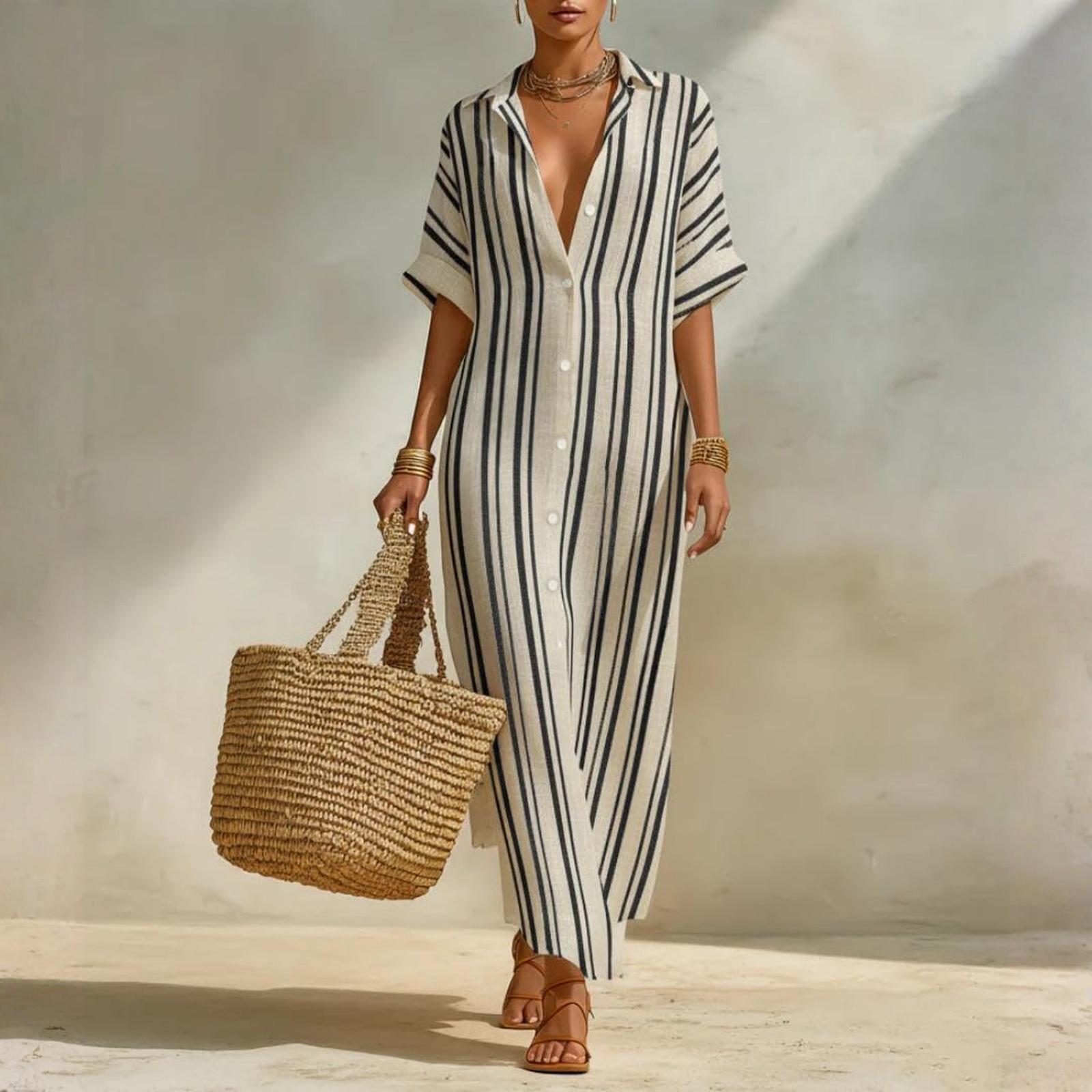 Ladies  Casual And Fashionable Loose Striped Shirt Dress L