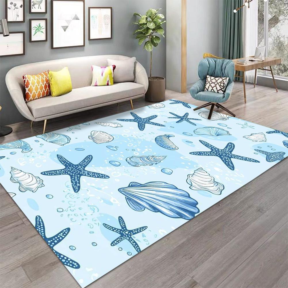 Cartoon Sea Shells Sea Stars Dolphins Carpet for Living Room Decor Sofa Rug Children's Play Mat Bedroom Bedside Rug Nursery Mat