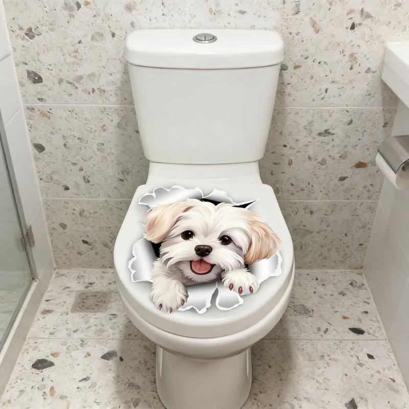 Cute Broken Hole Puppy Toilet Cover Sticker Creative Self-adhesive PVC Decal for The Bathroom Animal Dog Removable Home Decor