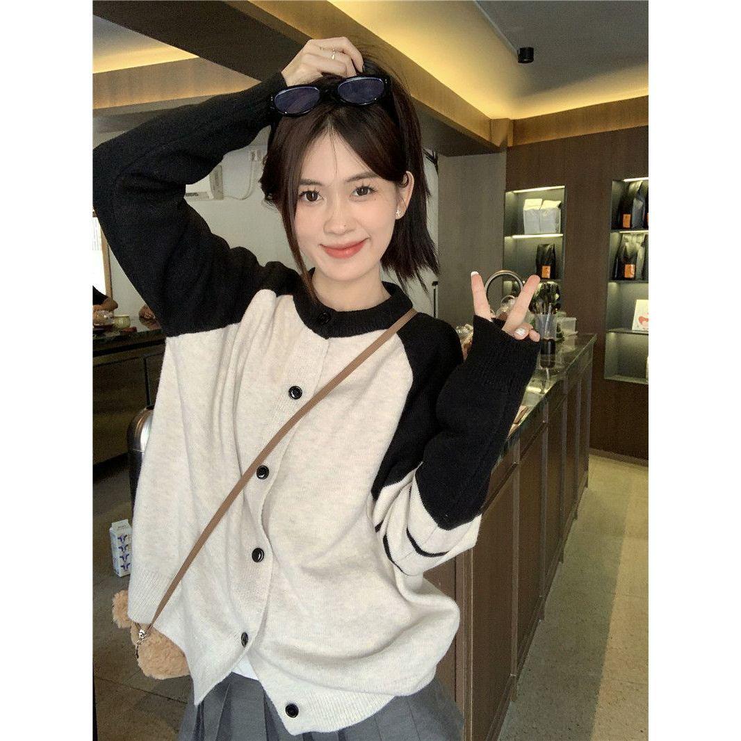 

Women s Retro Color Block Knitted Cardigan - Autumn/Winter Slim Fit, Long-Sleeve Sweater One Size