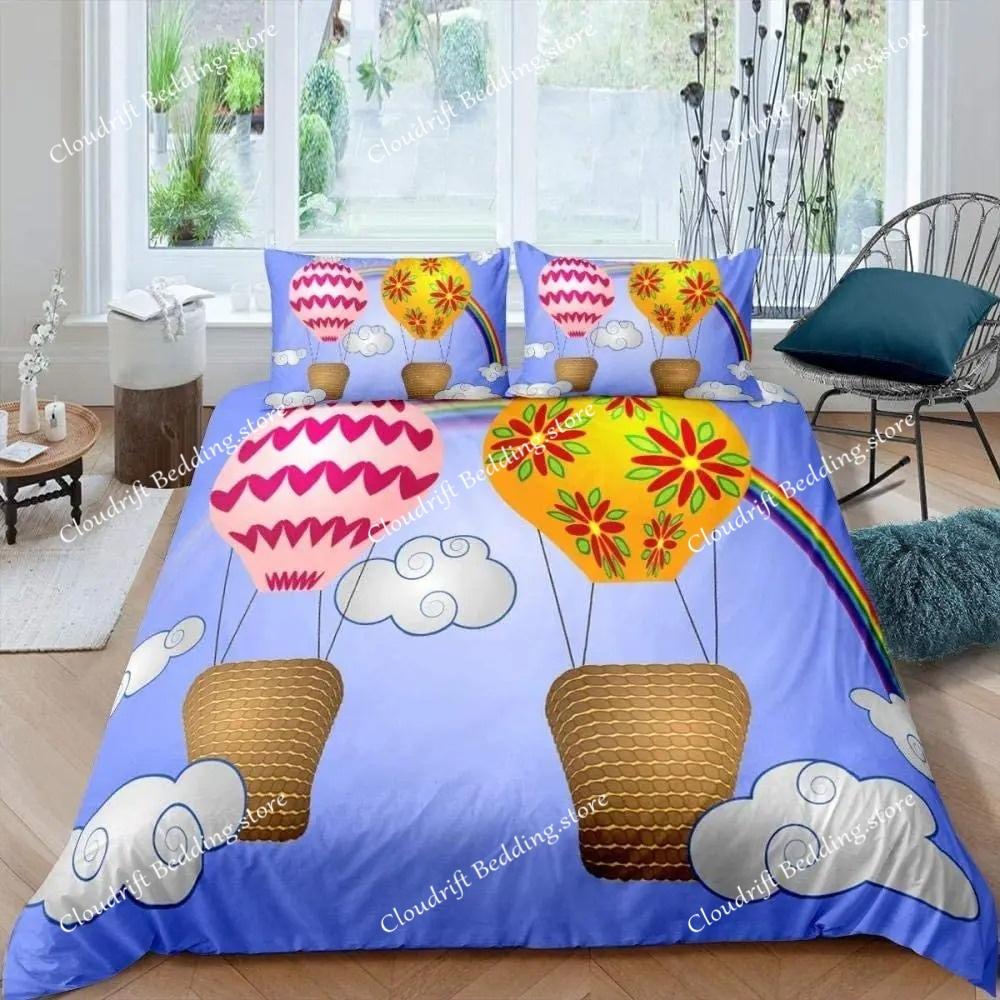 Hot Air Balloon Duvet Cover Set King Queen Full Size Polyester Comforter Cover For Kids Boys Girls Bedding Set With Pillowcase