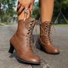 Fashion Women Short Boot 2025 Autumn New PU Leather High Heel Pointed Toe Boots Retro Lace Up  Fashion Kitten Heel British Ankle Boots