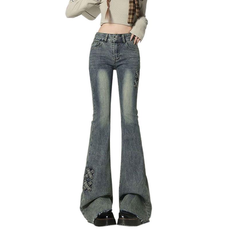 Plus-Size High-Waisted Slimming Flare Jeans with Double-Button Retro Design