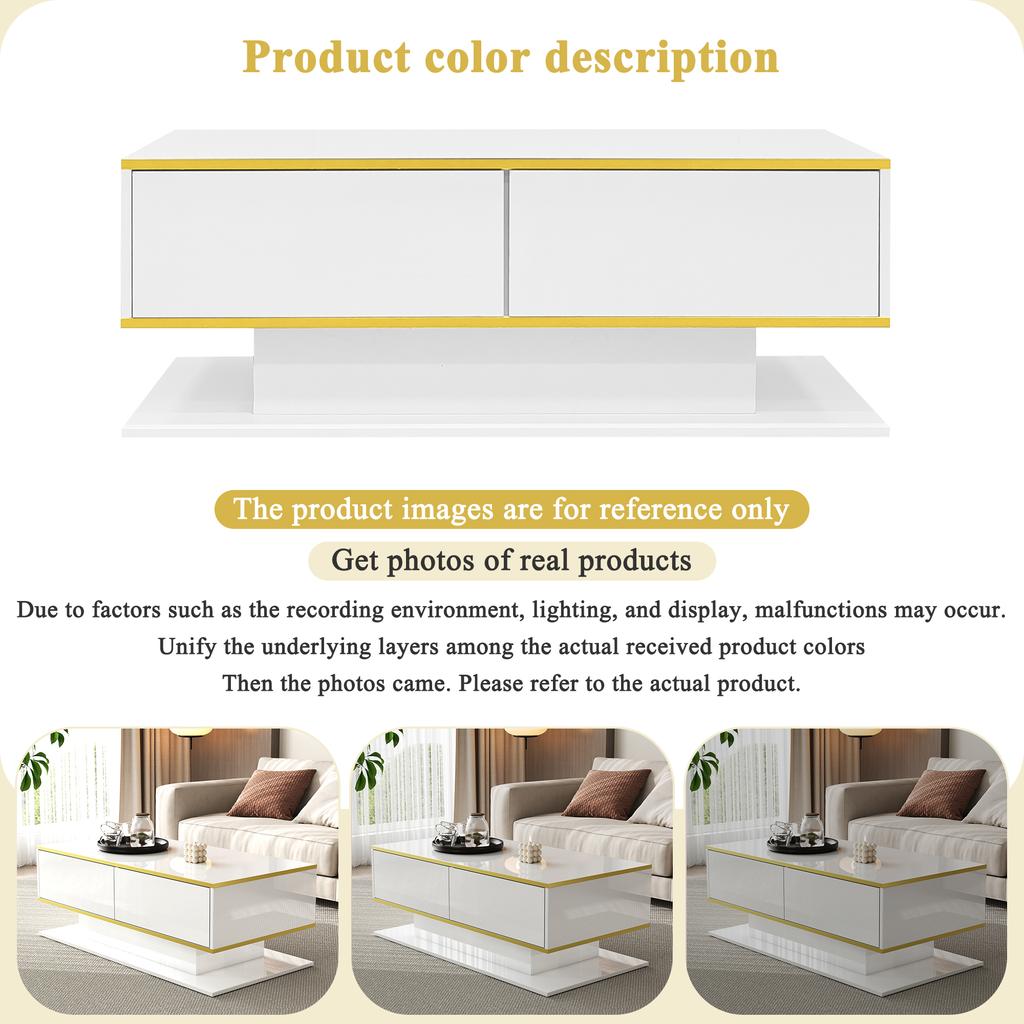 Modern LED Coffee Table with High Gloss, 100 cm Long, Gold Trim, 3 Drawers & USB LED Light Strip (Adapter/Power Bank Required)