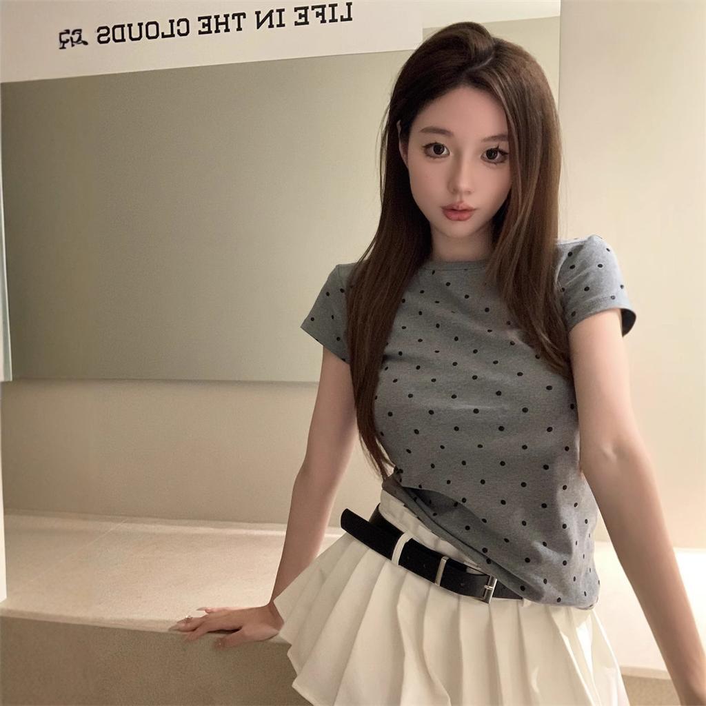 Korean Polka Dot Printing Round Neck Front Shoulder Short-sleeved T-shirt Women's Summer New Slim and Thin Versatile Top Trend
