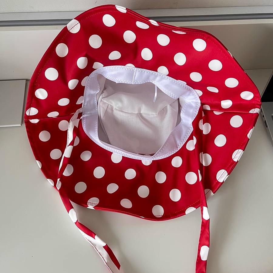 Sweet and Cute Polka Dot Tie-up Red Bucket Hat for Women, New Summer Vintage French Street Sun Shade Hat with Large Brim